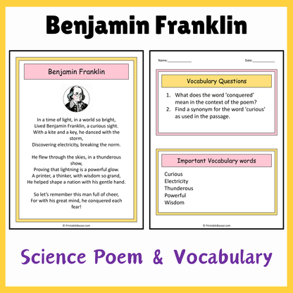 Benjamin Franklin | Science Poem Reading Comprehension Activity