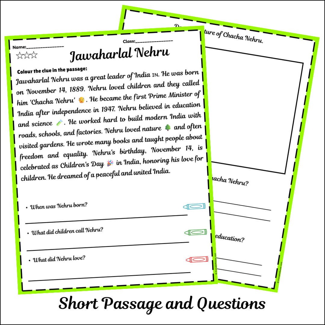 Jawaharlal Nehru | Short Reading Comprehension Creative Worksheet