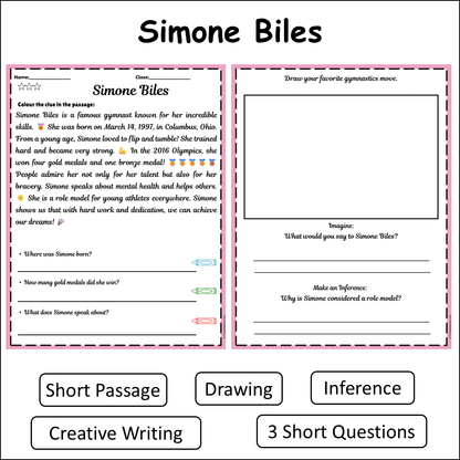 Simone Biles | Short Reading Comprehension Creative Worksheet