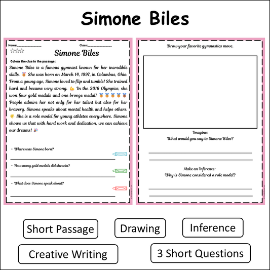 Simone Biles | Short Reading Comprehension Creative Worksheet