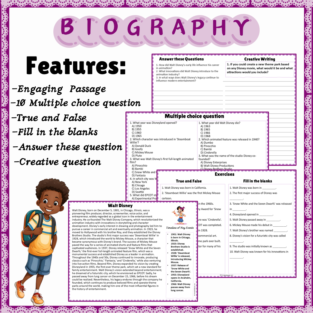 Walt Disney | Biography Reading Comprehension and Questions Worksheet