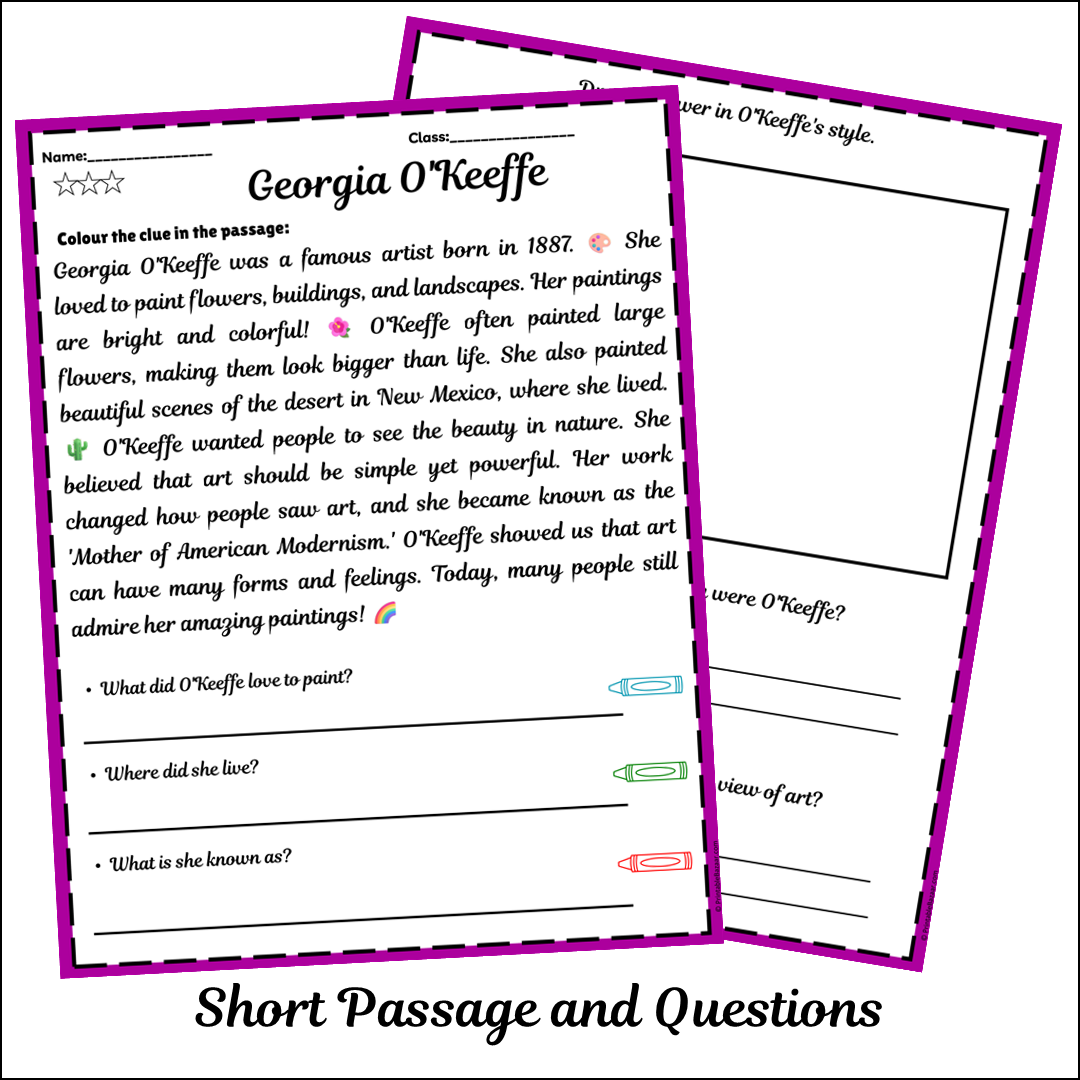 Georgia O'Keeffe | Short Reading Comprehension Creative Worksheet