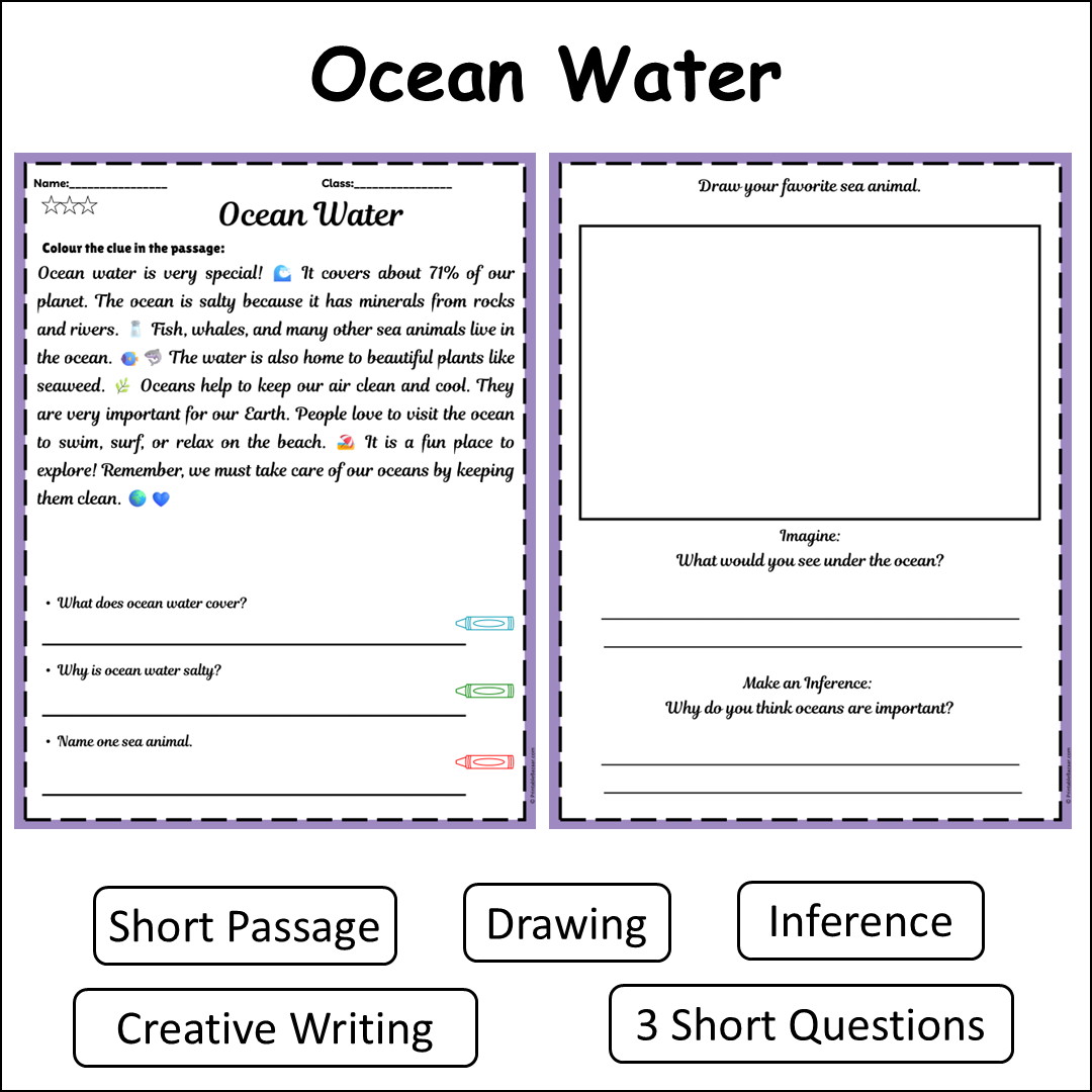 Ocean Water | Short Reading Comprehension Creative Worksheet
