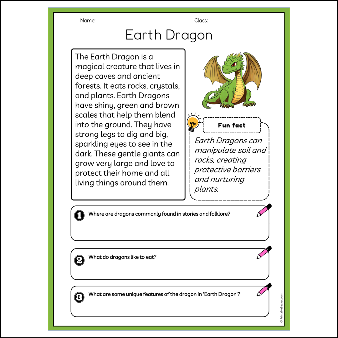 Earth Dragon | Reading Passage Comprehension Questions Writing Facts Worksheet