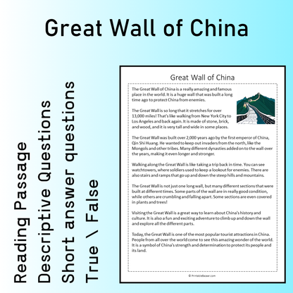 Great Wall of China | Reading Comprehension Passage Printable Worksheet