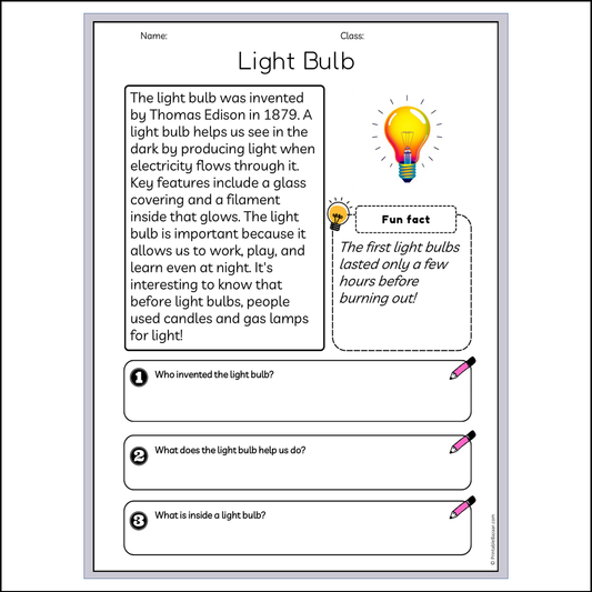 Light Bulb | Reading Passage Comprehension Questions Writing Facts Worksheet