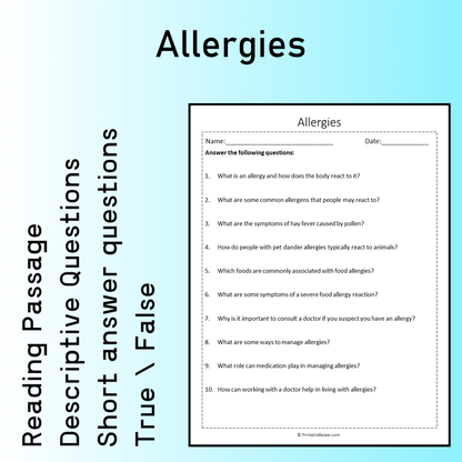 Allergies | Reading Comprehension Passage Printable Worksheet