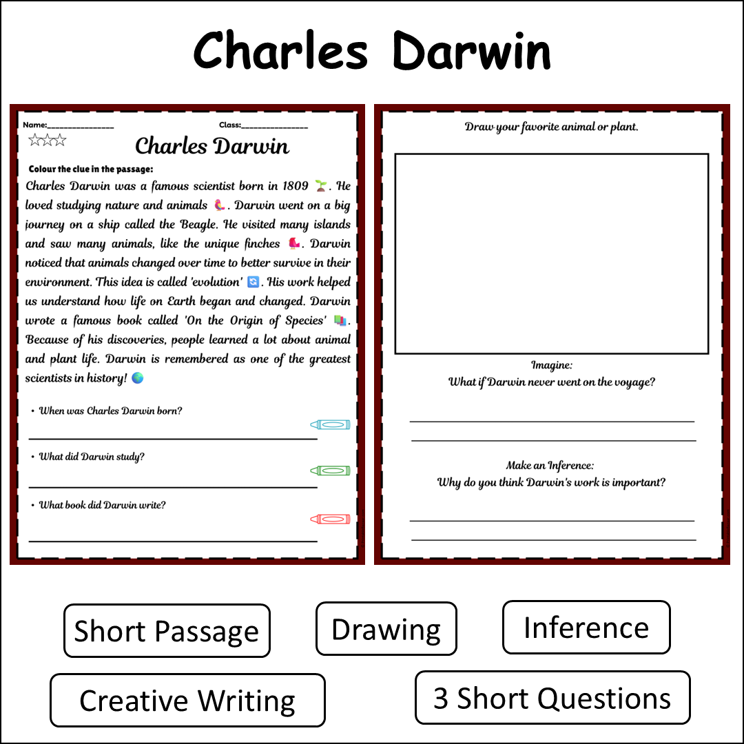 Charles Darwin | Short Reading Comprehension Creative Worksheet
