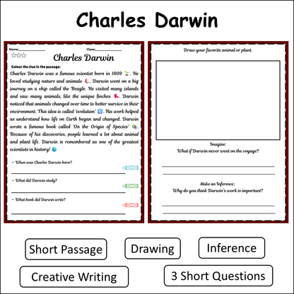 Charles Darwin | Short Reading Comprehension Creative Worksheet