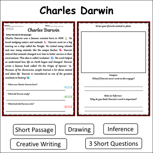 Charles Darwin | Short Reading Comprehension Creative Worksheet