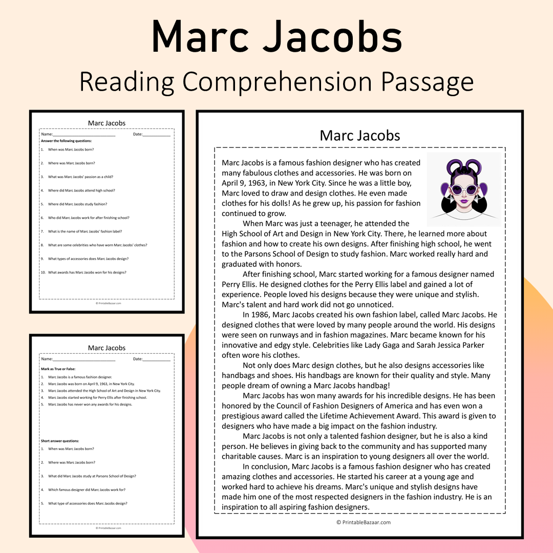 Marc Jacobs | Reading Comprehension Passage Printable Activity