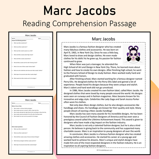 Marc Jacobs | Reading Comprehension Passage Printable Activity