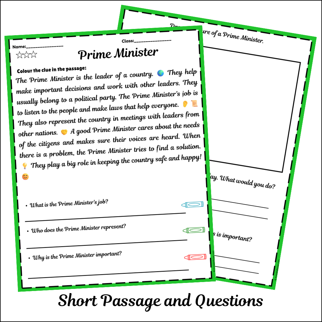 Prime Minister | Short Reading Comprehension Creative Worksheet