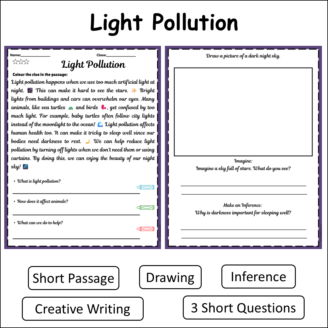 Light Pollution | Short Reading Comprehension Creative Worksheet