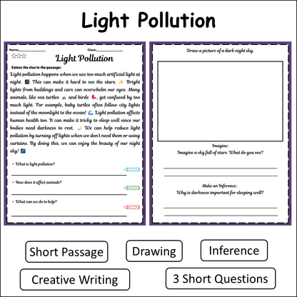 Light Pollution | Short Reading Comprehension Creative Worksheet