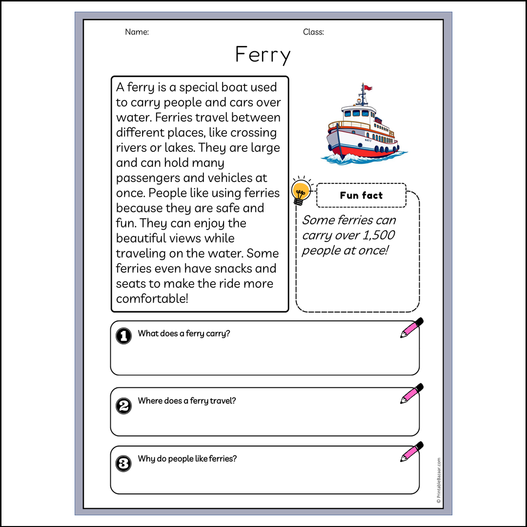 Ferry | Reading Passage Comprehension Questions Writing Facts Worksheet