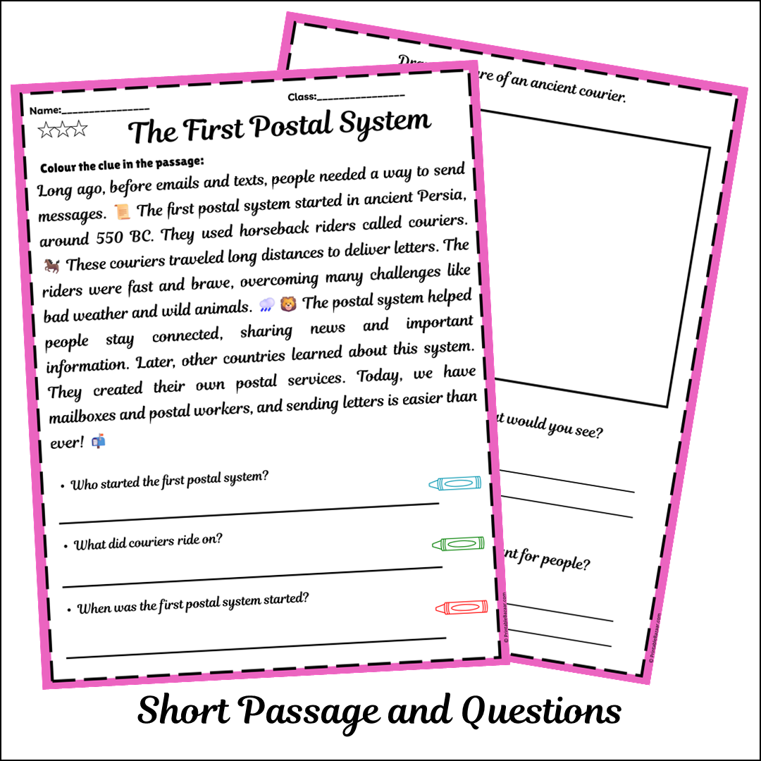 The First Postal System | Short Reading Comprehension Creative Worksheet