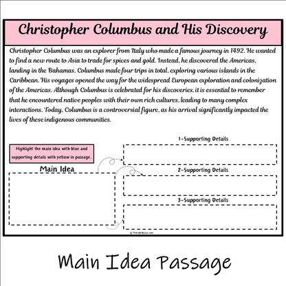 Christopher Columbus and His Discovery | Main Idea and Supporting Details Reading Passage and Questions