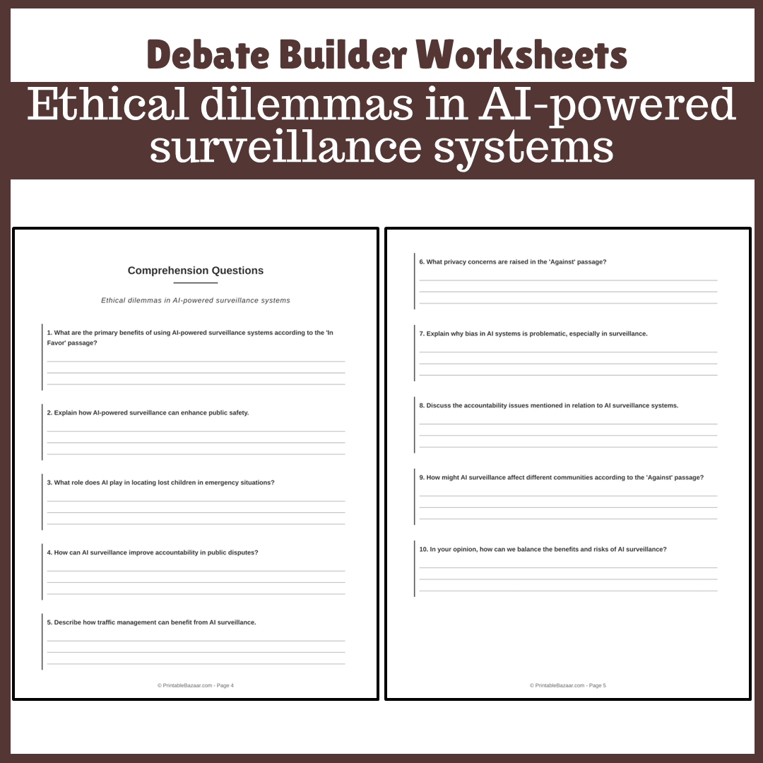 Ethical dilemmas in AI-powered surveillance systems | Favour and Against Worksheet Printable Activity