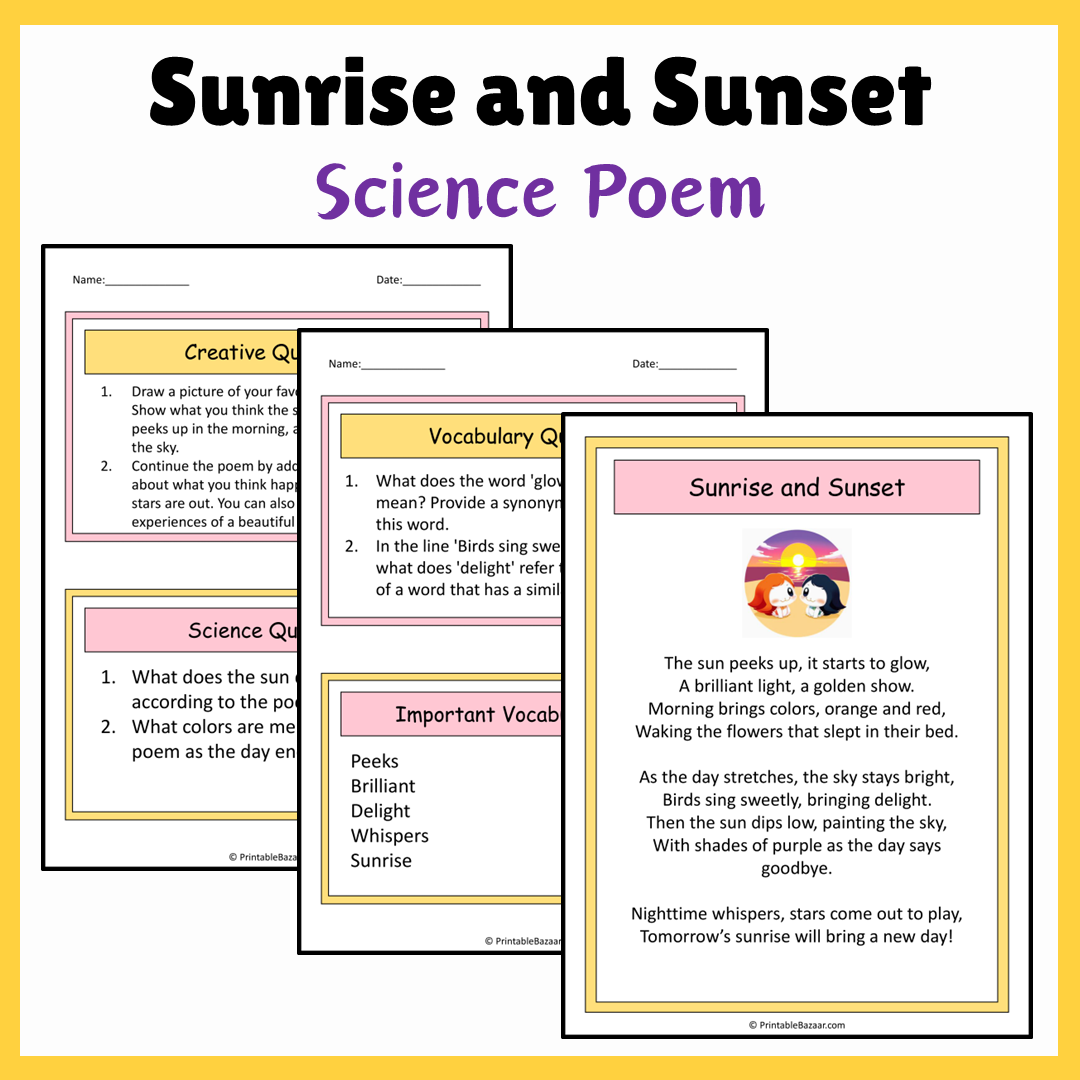 Sunrise and Sunset | Science Poem Reading Comprehension Activity