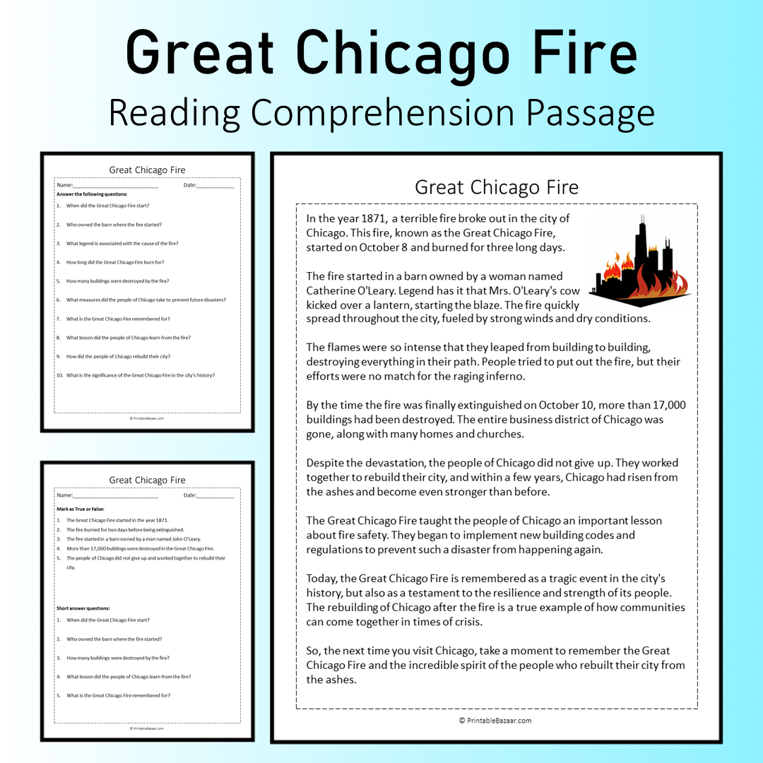 Great Chicago Fire | Reading Comprehension Passage Printable Worksheet