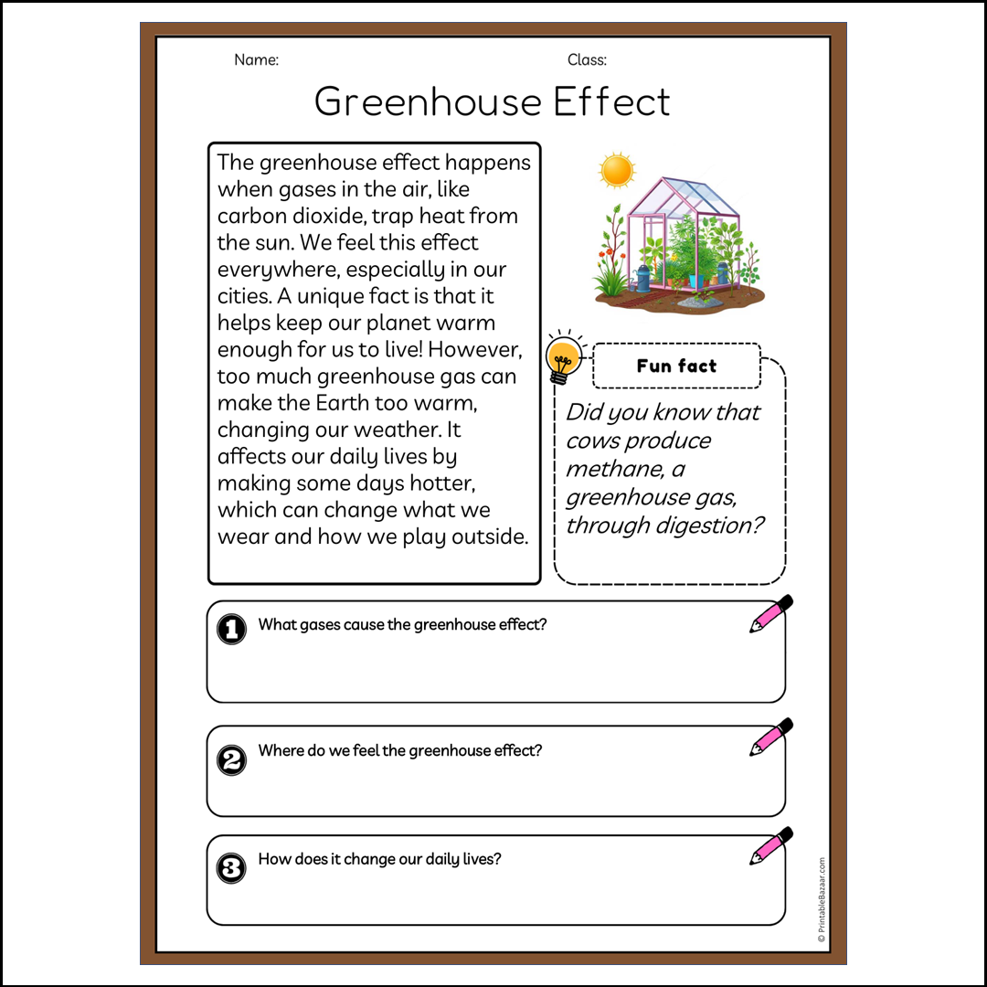 Greenhouse Effect | Reading Passage Comprehension Questions Writing Facts Worksheet