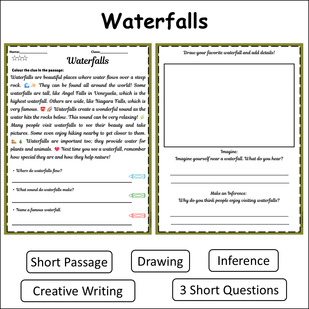 Waterfalls | Short Reading Comprehension Creative Worksheet