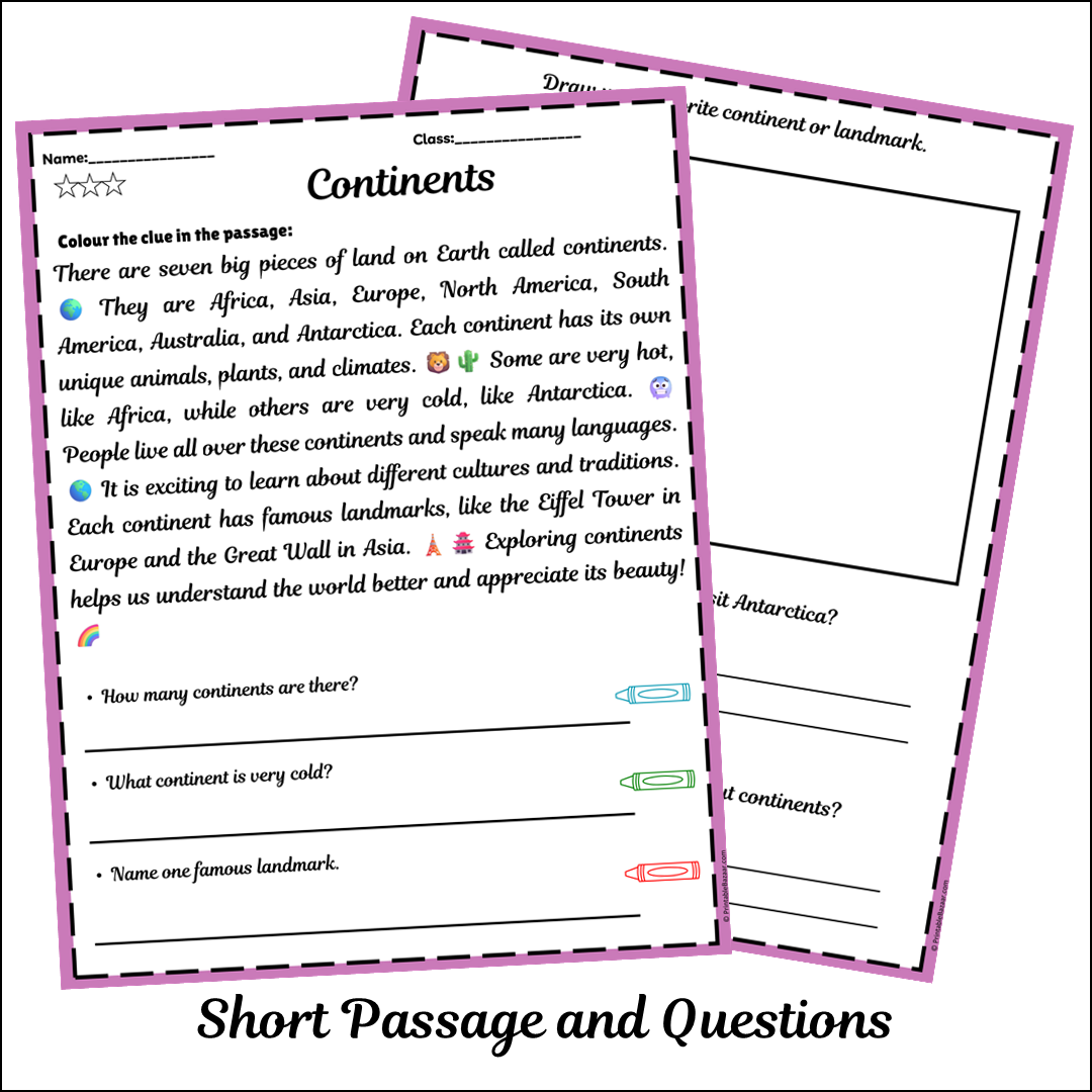 Continents | Short Reading Comprehension Creative Worksheet