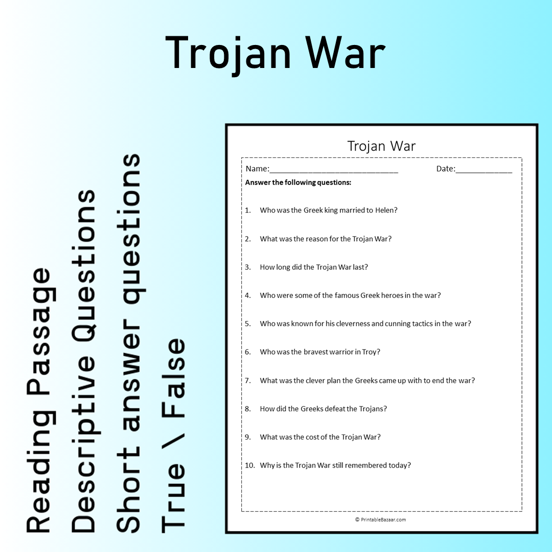 Trojan War | Reading Comprehension Passage Printable Worksheet