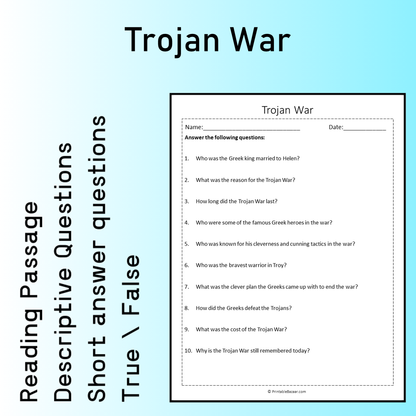 Trojan War | Reading Comprehension Passage Printable Worksheet