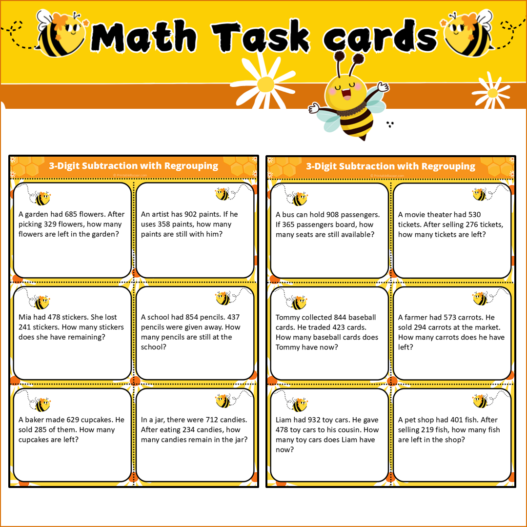 3-Digit Subtraction with Regrouping | Math Task Cards