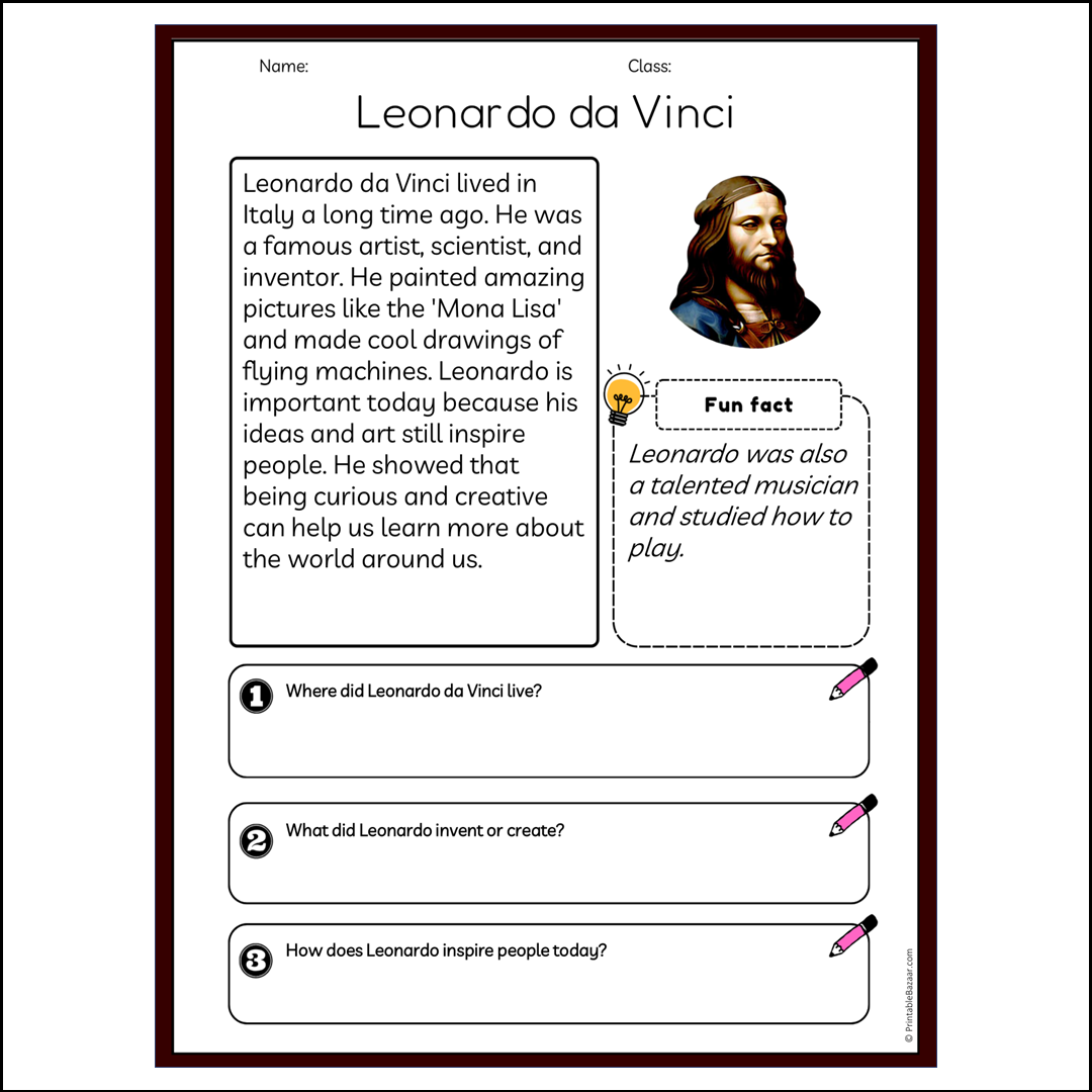 Leonardo da Vinci | Reading Passage Comprehension Questions Writing Facts Worksheet