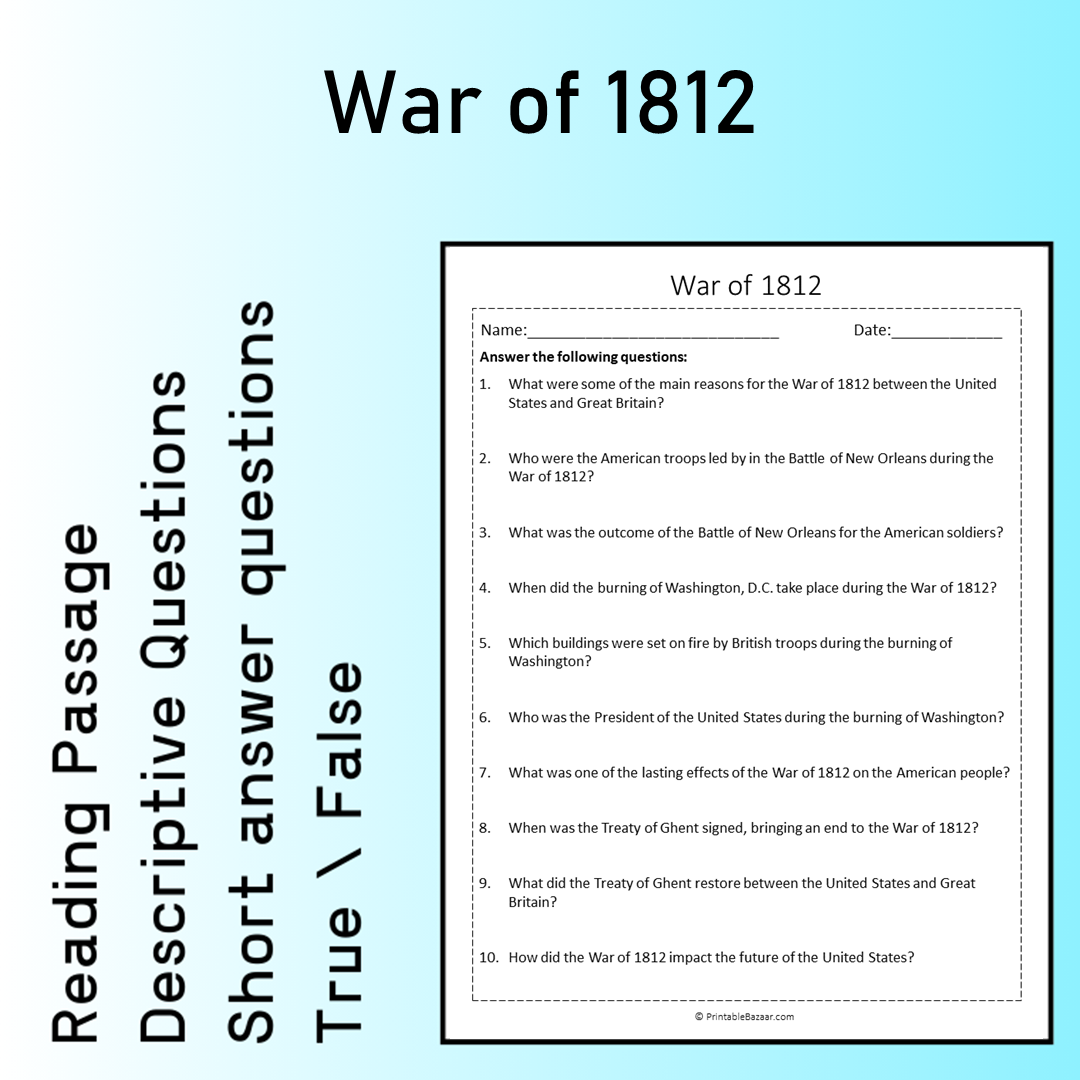 War of 1812 | Reading Comprehension Passage Printable Worksheet