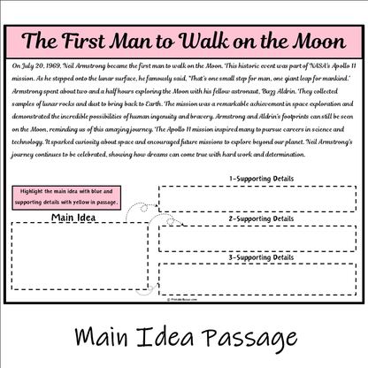 The First Man to Walk on the Moon | Main Idea and Supporting Details Reading Passage and Questions