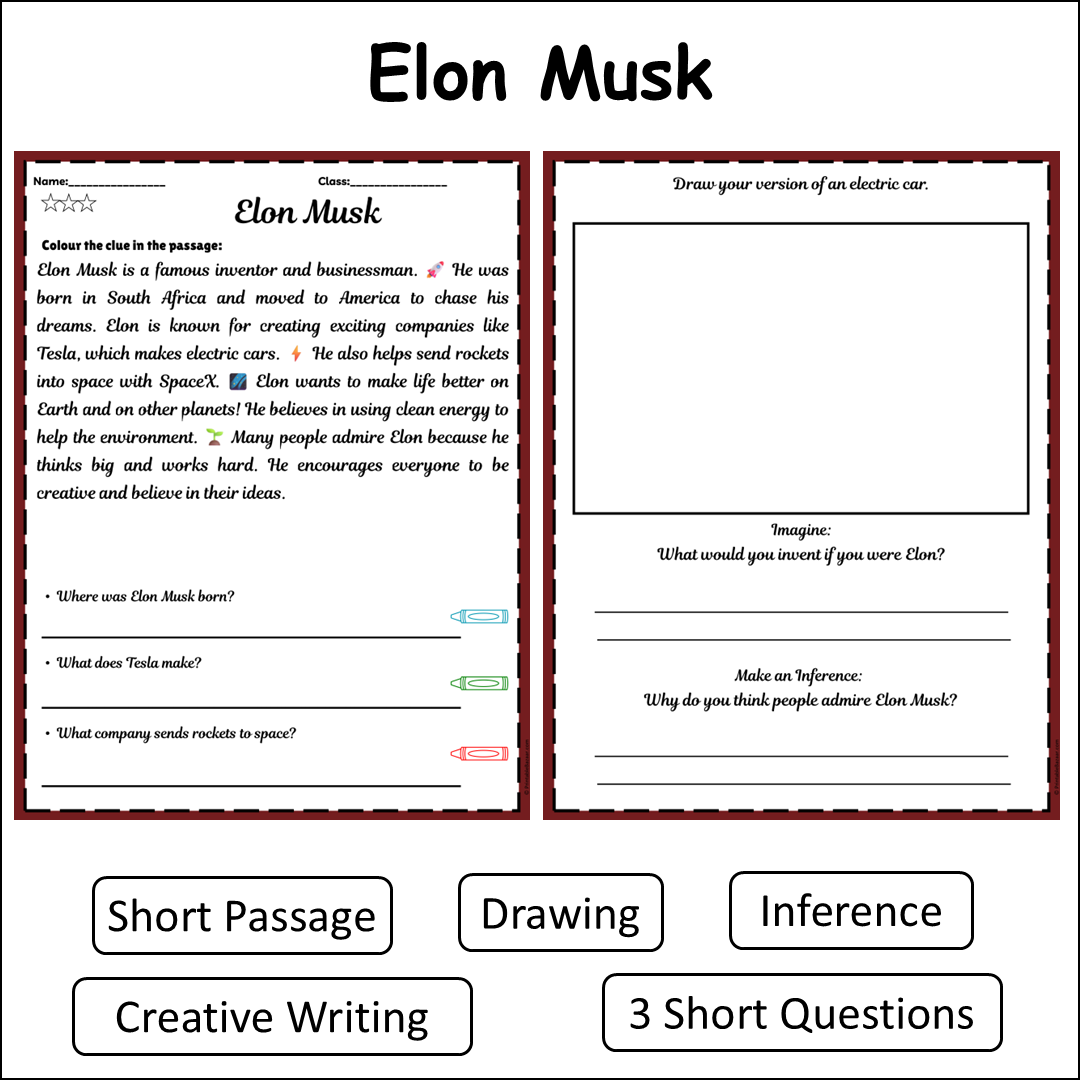 Elon Musk | Short Reading Comprehension Creative Worksheet