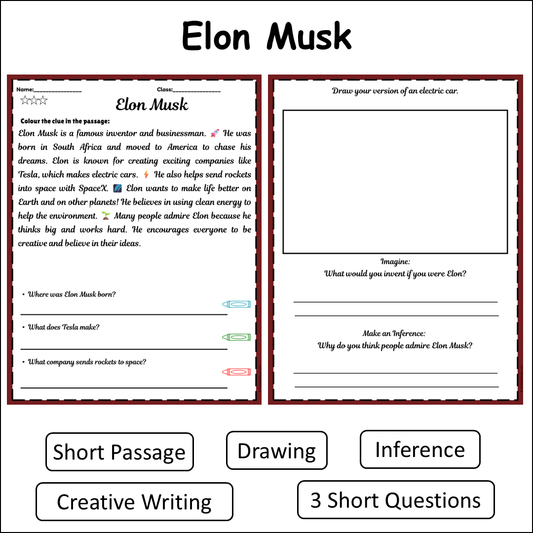 Elon Musk | Short Reading Comprehension Creative Worksheet