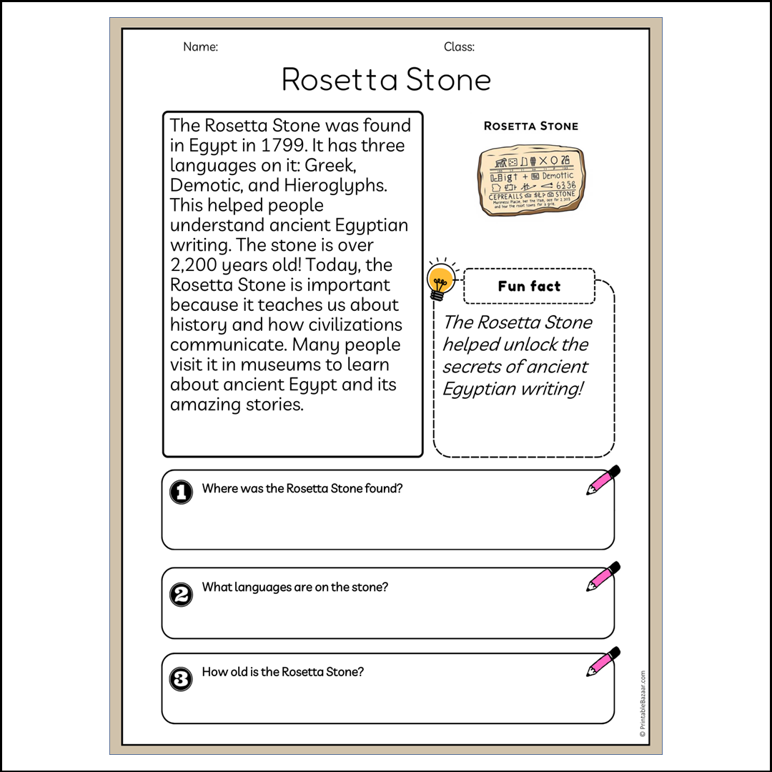 Rosetta Stone | Reading Passage Comprehension Questions Writing Facts Worksheet