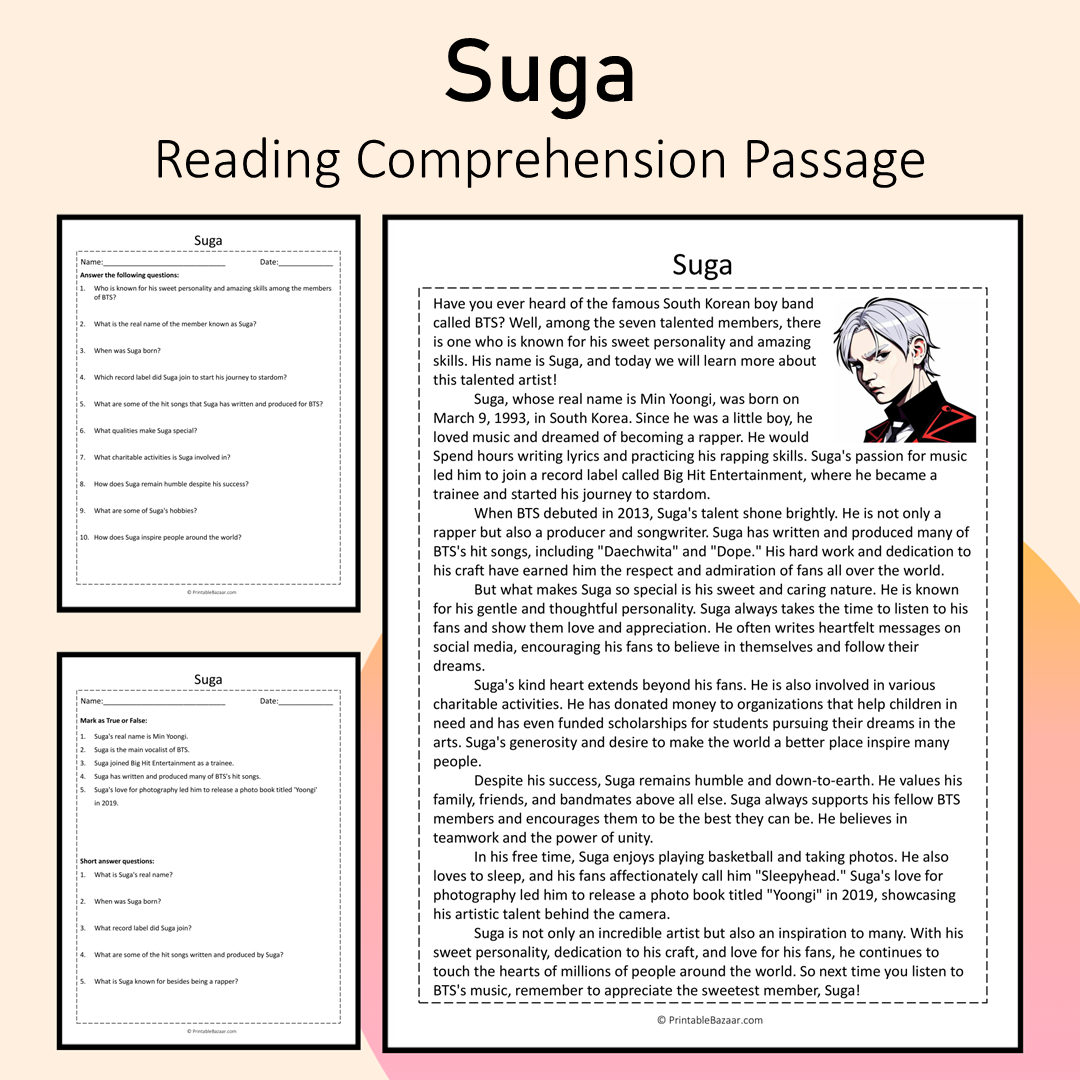 Suga | Reading Comprehension Passage Printable Activity