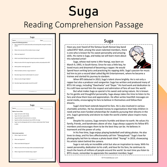Suga | Reading Comprehension Passage Printable Activity