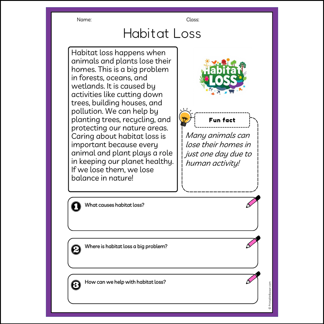 Habitat Loss | Reading Passage Comprehension Questions Writing Facts Worksheet