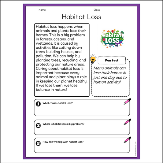 Habitat Loss | Reading Passage Comprehension Questions Writing Facts Worksheet