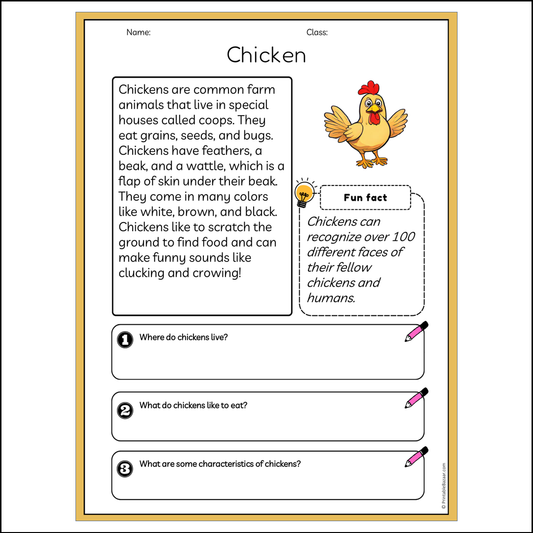 Chicken | Reading Passage Comprehension Questions Writing Facts Worksheet