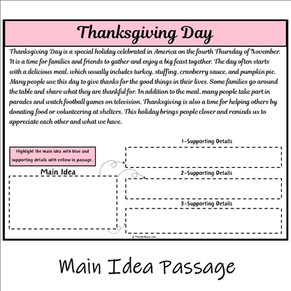 Thanksgiving Day | Main Idea and Supporting Details Reading Passage and Questions