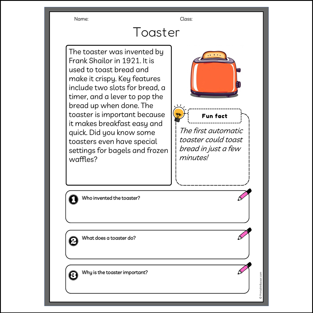 Toaster | Reading Passage Comprehension Questions Writing Facts Worksheet