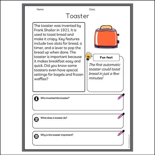 Toaster | Reading Passage Comprehension Questions Writing Facts Worksheet