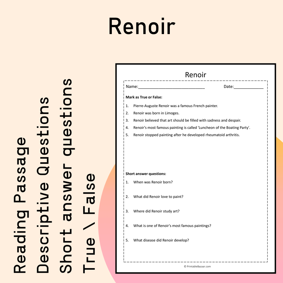 Renoir | Reading Comprehension Passage Printable Activity