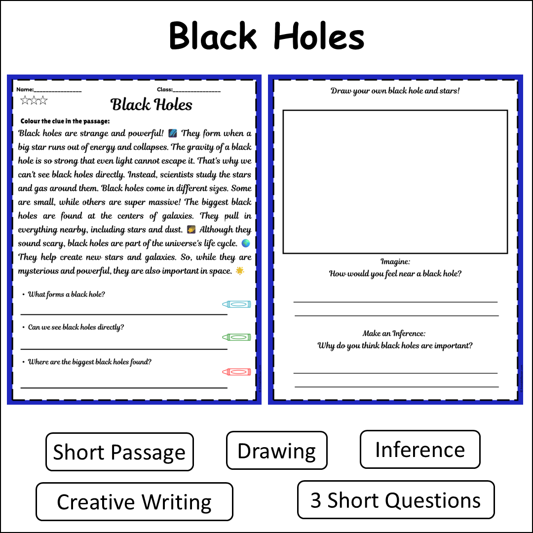 Black Holes | Short Reading Comprehension Creative Worksheet