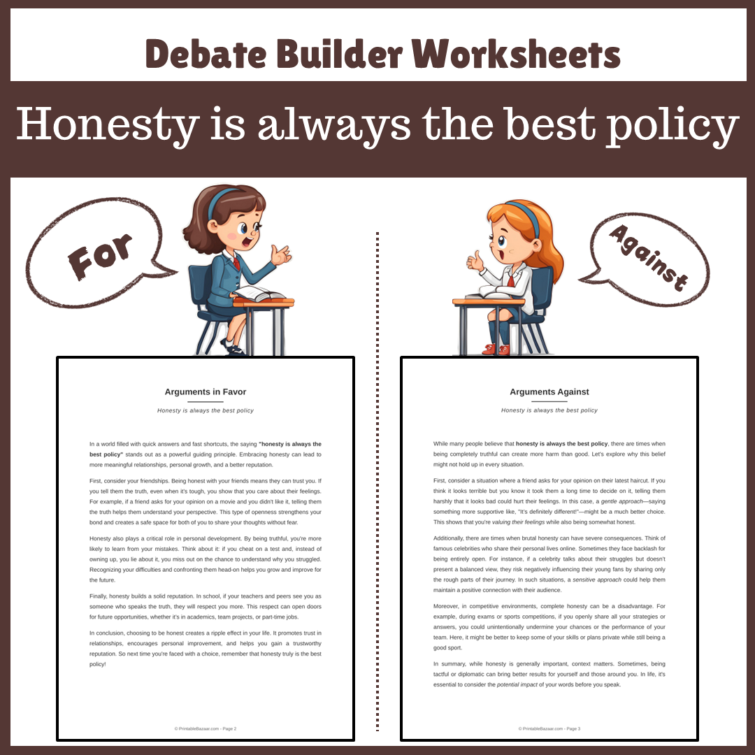 Honesty is always the best policy | Favour and Against Worksheet Printable Activity