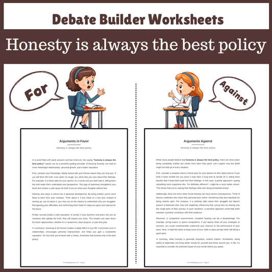 Honesty is always the best policy | Favour and Against Worksheet Printable Activity