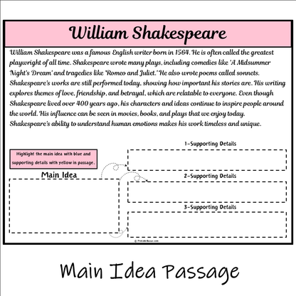 William Shakespeare | Main Idea and Supporting Details Reading Passage and Questions